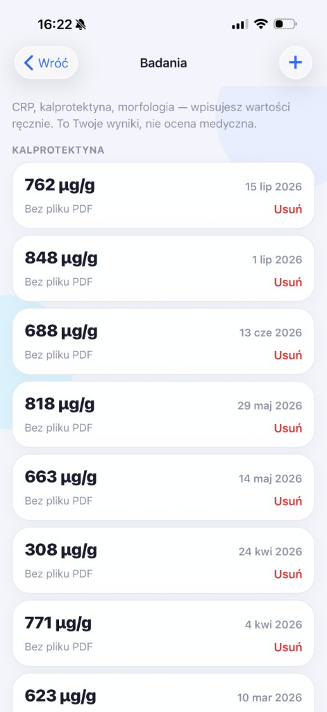 Lista wyników kalprotektyny wpisanych ręcznie