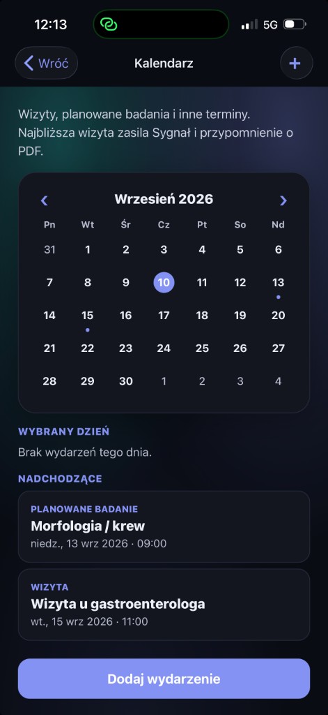 Kalendarz: miesiąc i lista nadchodzących wizyt oraz badań