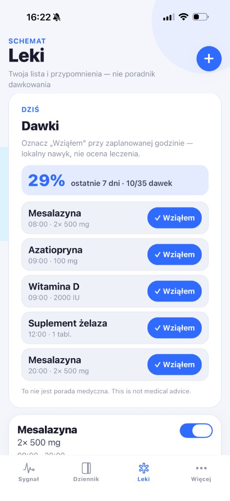 Ekran Leki: dzisiejsze dawki i przycisk Wziąłem