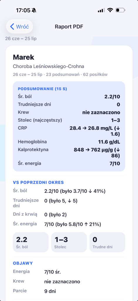 Podgląd raportu PDF: podsumowanie okresu, porównanie i wyniki badań