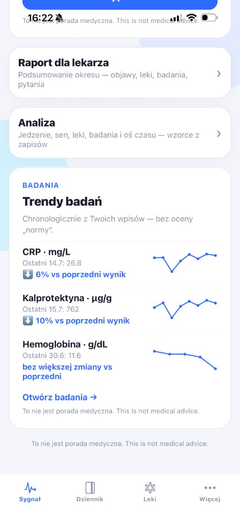 Na Sygnał: raport dla lekarza, Analiza i trendy badań CRP, kalprotektyny i hemoglobiny