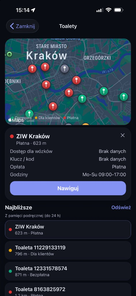 Ekran Toalety: mapa okolicy i przycisk Nawiguj